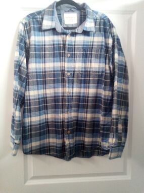Mens Blue and White Plaid Casual Button-Down Shirt Size Large